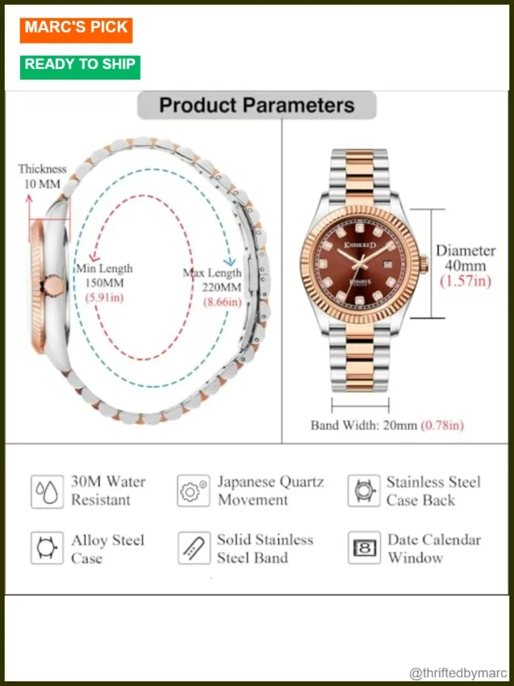 Men's Dress Watch with Solid Stainless Steel Band & Calendar, Water Resistant